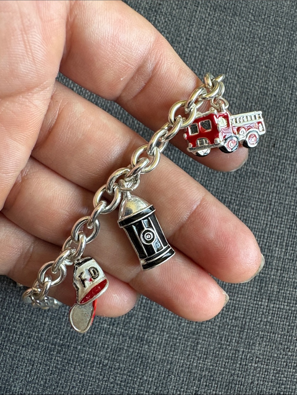 Beautiful Silvertone Charm Statement Bracelet with Firefighter Charms